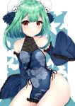  1girl absurdres bangs bare_legs bare_shoulders blue_dress china_dress chinese_clothes commentary_request covered_navel detached_sleeves dress eyebrows_visible_through_hair frilled_dress frilled_sleeves frills green_hair hair_ornament harukasu_(mememememo) highres hololive looking_at_viewer red_eyes skull_hair_ornament sleeveless sleeveless_dress sleeves_past_fingers sleeves_past_wrists smile solo uruha_rushia 