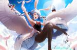  1girl absurdres angel_wings animal_ear_fluff animal_ears arm_up armpits bangs black_legwear black_leotard blue_hair braid breasts bunny-shaped_pupils carrot_hair_ornament clothing_cutout creature don-chan_(usada_pekora) feathered_wings flying food-themed_hair_ornament hair_ornament highres hikimayu holding holding_microphone hololive leotard leotard_under_clothes long_hair looking_at_viewer microphone multicolored_hair open_mouth orange_eyes pantyhose playboy_bunny rabbit rabbit_ears rabbit_girl short_eyebrows small_breasts smile solo strapless strapless_leotard swept_bangs thick_eyebrows twin_braids twintails two-tone_hair underboob_cutout usada_pekora virtual_youtuber wanne white_hair white_wings wings 