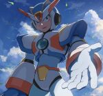  1boy absurdres arm_at_side armor blue_bodysuit blue_headwear blue_sky bodysuit clouds cloudy_sky commentary_request cowboy_shot day english_commentary gloves green_eyes helmet highres hoshi_mikan leaf leaves_in_wind looking_at_viewer male_focus mega_man_(series) mega_man_x3 mega_man_x_(character) mega_man_x_(series) mixed-language_commentary outdoors outstretched_hand parted_lips reaching_out robot_ears sky smile solo standing upper_teeth white_gloves wind 
