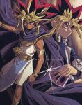  2boys atem bangs black_hair blonde_hair blue_jacket bracelet bright_pupils card clenched_hand cloak closed_mouth commentary_request dark-skinned_male dark_skin dirty duel_disk ear_clip earrings egyptian highres holding holding_card jacket jewelry knees male_focus millennium_puzzle multiple_boys mutou_yuugi necklace outstretched_arm purple_hair school_uniform soya_(sys_ygo) spiky_hair twitter_username violet_eyes white_pupils yu-gi-oh! yu-gi-oh!_duel_monsters 