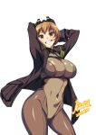  1girl arms_up belt breasts brown_eyes brown_hair commission contrapposto covered_navel harness highres jacket large_breasts last_origin looking_at_viewer rantia short_hair skin_tight smirk solo white_background 