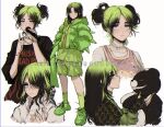  1girl artist_name bangs billie_eilish black_hair choker clothes_writing commentary criis-chan dangan_ronpa:_trigger_happy_havoc dangan_ronpa_(series) double_bun english_commentary fingernails from_side green_footwear green_hair green_legwear green_nails grey_eyes hair_bun hair_over_one_eye hands_in_pockets holding holding_microphone jacket jewelry kneehighs long_hair long_sleeves looking_at_viewer microphone monokuma multicolored multicolored_clothes multicolored_hair multicolored_jacket multiple_views nail_polish necklace parted_bangs pink_tank_top real_life ring sharp_fingernails shirt shorts simple_background smile striped tank_top twitter_username two-tone_hair 