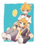  1boy 1girl ahoge ascot bare_shoulders blonde_hair blue_eyes blush bow brother_and_sister collarbone detached_sleeves eyebrows_visible_through_hair hair_bow hair_ornament hairclip half-closed_eyes highres kagamine_len kagamine_rin knees_up leg_warmers looking_at_another looking_down looking_up o3o on_person puckered_lips sailor_collar shirt short_ponytail shorts siblings signature sitting sleeveless sleeveless_shirt tono_kabeuchi tsurime twins twitter_username vocaloid white_bow yellow_neckwear 