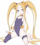  1girl abigail_williams_(fate) bandaid bandaid_on_forehead bangs bare_shoulders barefoot blonde_hair blue_eyes blush bow commentary_request crossed_bandaids fate/grand_order fate_(series) flat_chest full_body hair_bow heart highres leg_garter leotard long_hair looking_at_viewer multiple_bows multiple_hair_bows neck_garter orange_bow parted_bangs purple_bow purple_leotard senbei_(avocadochaya) sidelocks single_thighhigh sitting smile solo thigh-highs twintails uneven_legwear very_long_hair wariza 