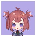  1girl atelier_live character_name eyebrows_visible_through_hair hair_ornament hair_rings hairclip jacket kani_kanizawa lowres open_mouth purple_background red_jacket redhead sailor_collar smile solo upper_body violet_eyes virtual_youtuber yueko_(jiayue_wu) 
