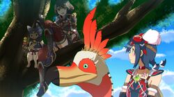  2girls armor black_hair blue_hair dango felyne food highres kamura_(armor) monster_hunter_(series) monster_hunter_rise monster_hunter_stories_2 multiple_girls nanju_bami short_hair short_twintails sky tree twintails wagashi 