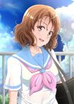  1girl bag black_bag blue_sailor_collar bra brown_eyes brown_hair clouds cloudy_sky green_bra head_tilt hibike!_euphonium highres matebashi open_mouth oumae_kumiko pink_neckwear railing sailor_collar school_bag school_uniform see-through serafuku shirt short_hair short_sleeves sky smile sweat sweaty_clothes underwear white_shirt 