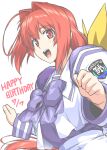  1girl :d ahoge bangs bow bowtie clenched_hands commentary_request dated eyebrows_visible_through_hair hair_bow hair_intakes hands_up happy_birthday juliet_sleeves kagami_sumika long_hair long_sleeves looking_at_viewer low_ponytail muvluv open_mouth otoo_(izanagi) puffy_sleeves purple_bow purple_neckwear red_eyes redhead school_uniform serafuku shiny shiny_hair sidelocks simple_background smile solo upper_body upper_teeth white_background yellow_bow 