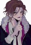  1boy brown_hair clmooy diabolik_lovers ear_clip fang finger_to_mouth fur-trimmed_jacket fur_trim green_eyes hair_between_eyes highres index_finger_raised jacket looking_at_viewer male_focus necktie open_mouth purple_jacket purple_neckwear rejet sakami_raito shirt short_hair shushing simple_background solo upper_body white_background white_shirt 