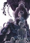  1girl chair crown dangan_ronpa_(series) dangan_ronpa_v3:_killing_harmony dress expressionless eyeegg glasses hand_on_own_cheek hand_on_own_face high_heels highres horror_(theme) jewelry long_hair looking_at_viewer necklace shirogane_tsumugi skull throne violet_eyes white_background 