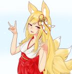  animal_ears artist_name bare_arms bell bell_hair_ornament blonde_hair blush breasts commentary english_commentary fox_ears fox_shadow_puppet highres indie_virtual_youtuber japanese_clothes jingle_bell kitsune light_blue_background loliphilosophy long_hair looking_at_viewer medium_breasts miko multiple_girls open_mouth simple_background sleeveless smile tsukimiya_mai twitter_username violet_eyes virtual_youtuber 
