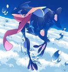  bright_pupils commentary_request gen_6_pokemon greninja ippuku looking_at_viewer no_humans pokemon pokemon_(creature) solo toes tongue_scarf violet_eyes water water_drop white_pupils 