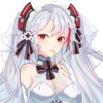  1girl ahoge azur_lane bangs bare_shoulders breasts bridal_gauntlets bridal_veil collarbone dress eyebrows_visible_through_hair finger_to_mouth hair_between_eyes hair_ribbon hand_up headgear hua_miao_(srrs7842) iron_cross large_breasts long_hair looking_at_viewer mole mole_on_breast multicolored_hair neck_ribbon parted_lips prinz_eugen_(azur_lane) prinz_eugen_(symphonic_fate)_(azur_lane) red_eyes redhead ribbon sapphire_(gemstone) sidelocks silver_hair simple_background smile solo streaked_hair swept_bangs two_side_up upper_body veil very_long_hair wedding_dress white_background white_dress 
