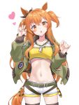  1girl animal_ears blush collarbone commentary_request crop_top dog_tags dusu_(htkj) highres horse_ears horse_girl horse_tail jacket looking_at_viewer mayano_top_gun_(umamusume) navel open_mouth orange_eyes orange_hair shorts simple_background solo tail twintails two_side_up umamusume white_background 