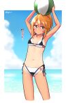  1girl beach bikini black_bikini black_eyes day gojarun highres holding idolmaster idolmaster_cinderella_girls layered_bikini micro_bikini ocean orange_hair outdoors ponytail side-tie_bikini sky solo string_bikini sweatdrop swimsuit tan tanline translated white_bikini you&#039;re_doing_it_wrong yuuki_haru 