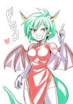  1girl breasts china_dress chinese_clothes draco_centauros dragon_girl dragon_horns dragon_tail dragon_wings dress elbow_gloves gloves green_hair horns looking_at_viewer madou_monogatari pointy_ears puyopuyo short_hair simple_background smile solo tail teeth tukiwani white_background white_gloves wings yellow_eyes 