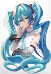  1girl aqua_hair bare_shoulders bib_(bibboss39) blue_hair blue_nails blue_neckwear blue_ribbon blush character_name closed_mouth collared_shirt cropped_torso detached_sleeves fingernails hand_on_own_cheek hand_on_own_face hatsune_miku hatsune_miku_(nt) headphones highres long_fingernails long_hair long_sleeves looking_at_viewer neck_ribbon number_tattoo ribbon see-through shirt shoulder_tattoo simple_background smile solo tattoo twintails upper_body very_long_hair vocaloid white_background white_shirt 