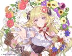 1girl ahoge album_cover animal_ears bangs bare_shoulders black_corset blonde_hair blue_eyes blush cherico company_name corset cover dress eyebrows_visible_through_hair flower food fruit grapes hair_ornament harp highres hololive horns instrument long_hair looking_at_viewer musical_note neck_ribbon purple_flower reaching_out red_flower ribbon sheep_ears sheep_girl sheep_horns smile solo staff_(music) strawberry tsunomaki_watame very_long_hair wrist_cuffs yellow_flower 
