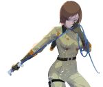 1girl belt bob_cut breasts brown_eyes brown_hair cowboy_shot elbow_gloves ffffcoffee gloves highres holding holding_whip medium_breasts military military_uniform short_hair simple_background the_king_of_fighters uniform whip whip_(kof) white_background 