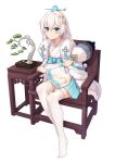  1girl bangs blue_eyes bonsai cat-quest-sun chair chinese_clothes closed_mouth fan full_body hair_between_eyes hair_ornament highres holding honkai_(series) honkai_impact_3rd looking_at_viewer simple_background sitting smile solo table theresa_apocalypse theresa_apocalypse_(starlit_astrologos) thigh-highs white_background white_hair white_legwear zhuge_kongming_(honkai_impact) 