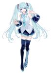  1girl aqua_eyes aqua_hair bangs black_legwear black_sleeves boots chocoan detached_sleeves full_body hatsune_miku highres long_hair necktie open_mouth skirt sleeveless thigh-highs thigh_boots twintails very_long_hair vocaloid white_background zettai_ryouiki 