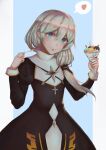  1girl :p absurdres bangs blue_background blue_eyes closed_mouth cutye food glass hair_between_eyes heart highres holding honkai_(series) honkai_impact_3rd ice_cream long_hair looking_at_viewer nun side_ponytail solo speech_bubble spoon sundae theresa_apocalypse theresa_apocalypse_(valkyrie_pledge) tongue tongue_out white_background white_hair 
