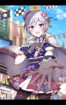  1girl anastasia_(idolmaster) blue_eyes building_block coat coat_on_shoulders floral_print flower fur_trim gloves gum_(vivid_garden) hair_flower hair_ornament hat highres idolmaster idolmaster_cinderella_girls japanese_clothes kimono kimono_skirt lantern mini_hat reaching_out silver_hair 