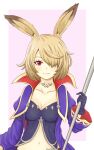  1girl absurdres althemia animal_ears atorie bangs blonde_hair breasts closed_mouth dragalia_lost hair_over_one_eye highres holding holding_staff long_hair looking_at_viewer medium_breasts navel pink_background rabbit_ears red_eyes short_hair smile solo staff upper_body 