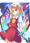  1girl ascot bangs blonde_hair blush border bow breasts bright_pupils closed_mouth clouds cloudy_sky commentary_request condensation_trail cowboy_shot crystal day eyebrows_visible_through_hair fang fang_out flandre_scarlet from_below gradient hat hat_bow highres holding holding_weapon laevatein light_smile looking_at_viewer mob_cap one_side_up outdoors outside_border puffy_short_sleeves puffy_sleeves red_bow red_skirt red_vest rurimaringo short_hair short_sleeves skirt sky small_breasts solo touhou vest weapon white_border white_headwear wings wrist_cuffs yellow_neckwear 