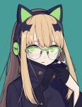  1girl bangs black_gloves black_headphones black_jacket blue_background cat_ear_headphones commentary english_commentary girls_frontline glasses gloves green_eyes half_gloves headphones high_collar highres jacket long_hair looking_at_viewer orange_hair papaia_(quentingqoo) semi-rimless_eyewear sidelocks simple_background solo tmp_(girls_frontline) visible_air 