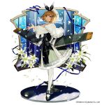  1girl ash_arms bangs beret black_footwear brown_hair character_request chocoan dress flower full_body hair_ornament hat heart heart_hair_ornament highres medium_hair open_mouth petals puffy_sleeves solo violet_eyes white_background white_legwear 