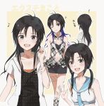  1girl :d alternate_hair_color alternate_hair_length alternate_hairstyle antenna_hair black_hair frills grey_eyes hair_twirling holding holding_hair idolmaster idolmaster_(classic) idolmaster_2 kikuchi_makoto long_hair low_twintails miniskirt mogskg multicolored_hair multiple_views navel open_mouth purple_hair sailor_bikini sailor_collar skirt smile twintails 