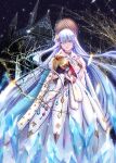  1girl absurdres anastasia_(fate) blue_eyes bracelet branch cape cathedral doll dress fate/grand_order fate_(series) fur-trimmed_cape fur_trim highres ice jewelry long_dress long_hair pendant signature silver_hair snow very_long_hair yuki_mami 