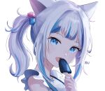  1girl animal_ears artist_request blue_eyes blue_hair cat_ears food gawr_gura highres hololive hololive_english looking_at_viewer multicolored_hair open_mouth popsicle sharp_teeth silver_hair smile solo streaked_hair teeth virtual_youtuber 