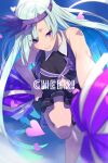  1girl alternate_costume aqua_hair bangs bare_shoulders black_shirt black_skirt blush breasts brynhildr_(fate) cap cheer_for_master cheering cheerleader collared_shirt commentary_request echo_(circa) english_text eyes_visible_through_hair fate/grand_order fate/prototype fate/prototype:_fragments_of_blue_and_silver fate_(series) hat heart leg_up long_hair looking_at_viewer medium_breasts midriff miniskirt navel official_alternate_costume parted_lips pleated_skirt pom_pom_(cheerleading) shirt shoes skirt sleeveless sleeveless_shirt sneakers solo standing standing_on_one_leg teeth twitter_username very_long_hair violet_eyes visor_cap 