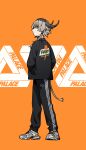  1girl absurdres arknights black_jacket black_pants closed_mouth commentary cow_horns english_commentary from_side full_body green_eyes grey_hair hands_in_pockets highres horns jacket logo long_sleeves looking_back orange_background palace_(brand) pallas_(arknights) pants shoes short_hair_with_long_locks sneakers solo standing tail track_jacket track_pants track_suit twisted_torso waffle_drink white_footwear 