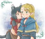  2girls animal_ears arunsu belt black_eyes black_hair blonde_hair blue_dress blush_stickers braid cat_ears cat_tail dress dungeon_meshi elf french_braid green_eyes izutsumi licking licking_face looking_at_another marcille multiple_girls pointy_ears ponytail red_scarf scarf tail yuri 