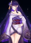  absurdres breasts dress genshin_impact hair_ornament highres japanese_clothes klee08 large_breasts legs original purple_dress purple_hair raiden_(genshin_impact) thighs violet_eyes 