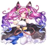  1girl bangs bare_shoulders breasts cleo_(dragalia_lost) closed_mouth dragalia_lost dress eyebrows_visible_through_hair holding holding_staff kyarotto_(zenkixd) large_breasts long_hair looking_at_viewer purple_hair solo staff thigh-highs twintails violet_eyes 