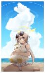  1girl beach blue_archive blush clouds collarbone commentary_request dateglasses eyewear_on_head halo hifumi_(blue_archive) highres long_hair looking_at_viewer low_twintails object_hug sitting sky solo spread_legs stuffed_toy sunglasses swimsuit twintails yellow_eyes 