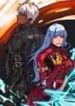  1boy 1girl belt blue_hair bodysuit breasts eyebrows_visible_through_hair gloves highres jacket k&#039; kula_diamond leather leather_jacket long_hair looking_at_viewer medium_breasts simple_background smile syachiiro tan the_king_of_fighters violet_eyes white_hair 