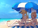  ! 2girls :d absurdres beach beach_towel beach_umbrella bikini blonde_hair blue_bikini blue_eyes bow breasts brown_hair bully_girl_(popopoka) cheese commentary crab english_commentary food hair_bow hairband highres long_hair looking_at_another multiple_girls navel open_mouth original outdoors pale_skin ponytail popopoka sand sideboob sky small_breasts smile spoken_exclamation_mark surprised swimsuit swiss_cheese tan tanline tied_hair towel umbrella undressing_another 