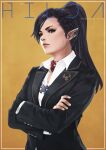  1girl absurdres bangs black_hair black_suit blazer character_name collared_shirt cornrows cover crossed_arms ear_clip earrings elezen elf eyebrows eyeshadow fake_magazine_cover final_fantasy final_fantasy_xiv fingernails furrowed_brow highres hilda_ware jacket jewelry lips long_hair magazine_cover makeup monori_rogue nose pins pointy_ears ponytail portrait red_scarf scarf shirt solo stud_earrings swept_bangs white_shirt yellow_background 