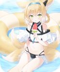  1girl :o absurdres animal_ear_fluff animal_ears aqua_hairband arknights bare_shoulders blue_hairband blush detached_sleeves earpiece food fox_ears fox_girl fox_tail frills green_eyes hair_rings hairband highres in_water infection_monitor_(arknights) innertube kitsune kyuubi mint_(psmin30) multiple_tails navel oripathy_lesion_(arknights) popsicle sitting solo suzuran_(arknights) swimsuit tail 