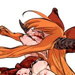  1girl blood blood_on_face face hair_ribbon horns ibuki_suika kyanduru looking_at_viewer neckerchief orange_eyes orange_hair pointy_ears red_neckwear red_ribbon ribbon simple_background sleeveless solo touhou white_background 