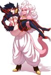  2girls absurdres android_21 ass baggy_pants black_hair black_sclera blush breasts carrying colored_sclera colored_skin crossover dinortista dragon_ball dragon_ball_fighterz ear_piercing female_ass full_body high_heels highres kill_la_kill majin_android_21 matoi_ryuuko multicolored_hair multiple_girls nose_blush pants piercing pink_skin princess_carry red_eyes redhead senketsu shrug_(clothing) simple_background standing streaked_hair sweatdrop symbol_commentary tail thigh-highs under_boob white_background white_eyebrows white_hair white_pants yuri 