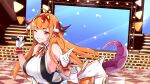  1girl blonde_hair bow dragon_girl dragon_horns dragon_tail gloves highres hololive horn_bow horns idol kiryu_coco long_hair multicolored_hair one_eye_closed orange_hair red_eyes solo stage streaked_hair tail virtual_youtuber yuyaiyaui 