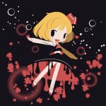  1girl :d black_background black_shirt black_skirt blonde_hair bow chibi cobalta dripping eyebrows_visible_through_hair fang hair_bow long_sleeves one_side_up open_mouth outstretched_arms red_neckwear rumia shirt short_hair skirt smile solid_oval_eyes touhou white_shirt 