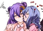  2girls blush cheek_kiss closed_eyes crescent crescent_hair_ornament hair_ornament heart highres kiss kyanduru light_blue_hair medium_hair multiple_girls patchouli_knowledge purple_hair remilia_scarlet simple_background sweatdrop touhou violet_eyes white_background 