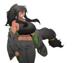  1girl bangs bare_shoulders black_hair breasts commentary_request commission commissioner_upload crop_top dark-skinned_female dark_skin eyebrows_visible_through_hair green_eyes grin highres jacket jacket_removed large_breasts long_hair long_pants midriff navel open_mouth original pants pinkboy ponytail shiny shiny_skin sidelocks simple_background sleeveless smile solo sweat teeth toned white_background 
